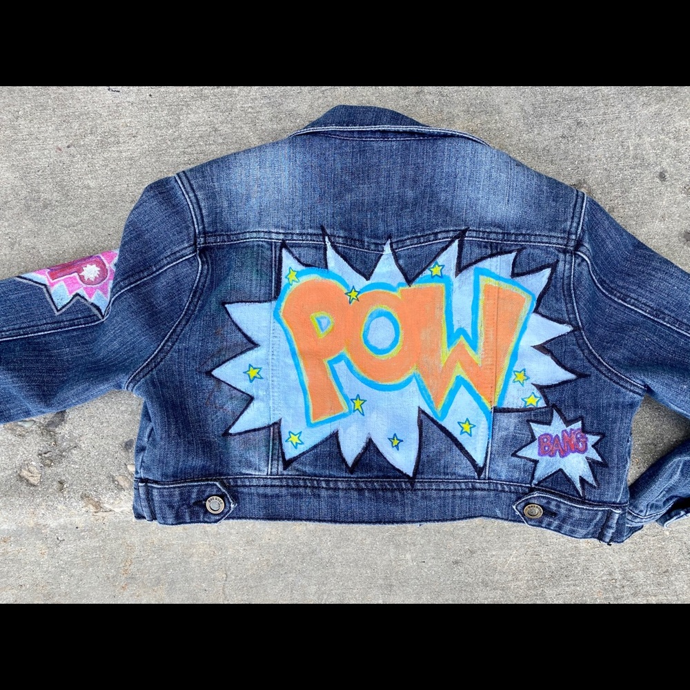 Hand painted denim jacket, classic comic fight